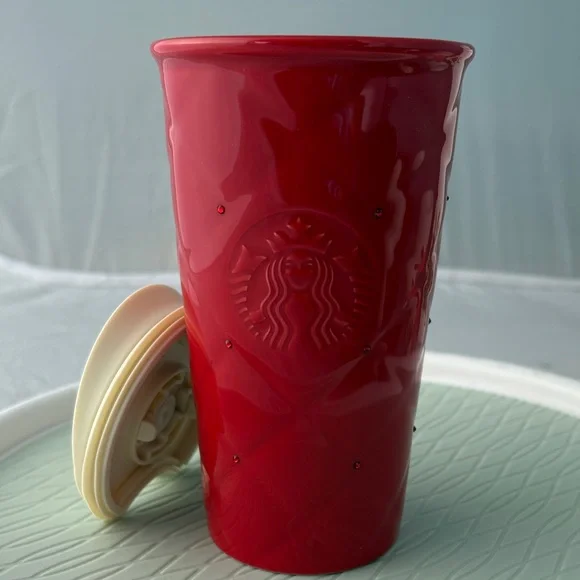Starbucks RED QUILTED Valentine Swarovski Crystal Ceramic Travel Cup 10 Oz 2016